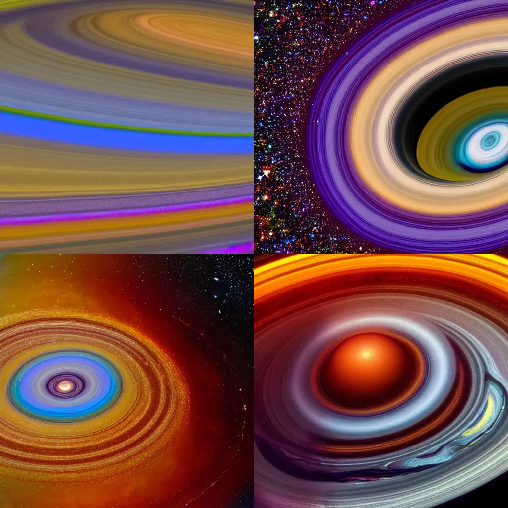 Prompt: new pictures from NASA; saturns rings falling onto itself and exploding into a rainbow glitter wormhole, viewed from afar with very pretty tones inspired by the best oil paintings there are