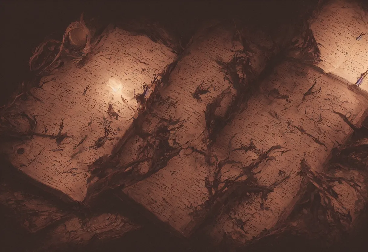 Prompt: dark incantations and mystical manuscripts on pages from necronomicon book drawn and written in blood, hyperrealism, realistic, dramatic lighting, octane render, highly detailed, cinematic lighting, cinematic, art by ed repka