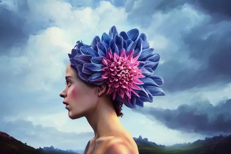 Image similar to giant dahlia flower crown under head, portrait girl on mountain, surreal photography, blue storm clouds, dramatic light, impressionist painting, digital painting, artstation, simon stalenhag