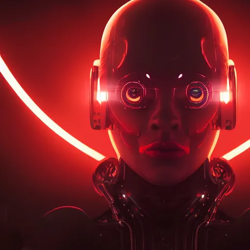 Image similar to a photograph from a big budget sci-fi movie of a cyborg, red glowing eyes, by Sam Spratt, by Vlad Rodrig﻿u﻿e﻿z, computer screens in the background, trending on Artstation, dark, dramatic, cinematic, realistic studio lighting.