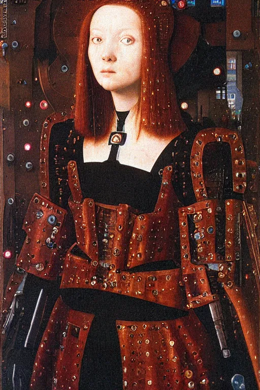 Image similar to a close - up portrait of a cyberpunk cyborg girl, by jan van eyck, rule of thirds