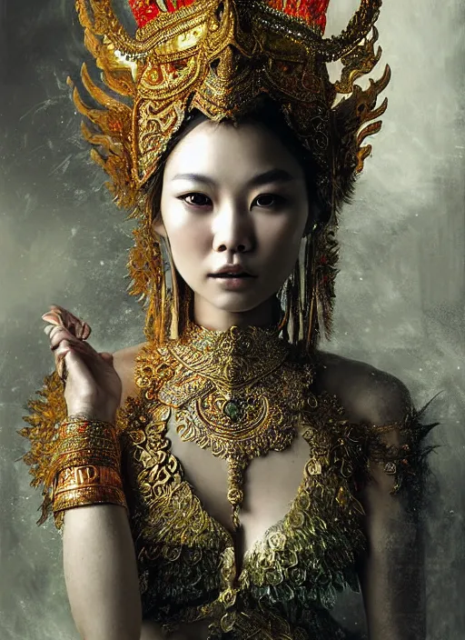 Prompt: portrait of beautiful thai female model by irakli nadar with intricate detailed thai traditional headdress and clothing, haunting, elite, elegant, ruan jia, dark, hyper detailed, concept art, by gustav klimt,