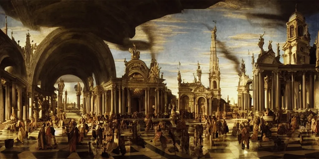 Image similar to beautiful oil matte painting, baroque church caught on fire with people desperate to extinguish the flames, wonderful masterpiece highly detailed, beautiful cinematic light deep focus, elegant, digital painting, smooth, sharp focus, golden ratio, dramatic illumination, ultra realistic, 8 k, art by giovanni bellini and caravaggio