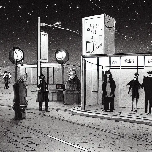 Prompt: a some people waiting in a lone bus stop in quiet dark city night in The Simpsons