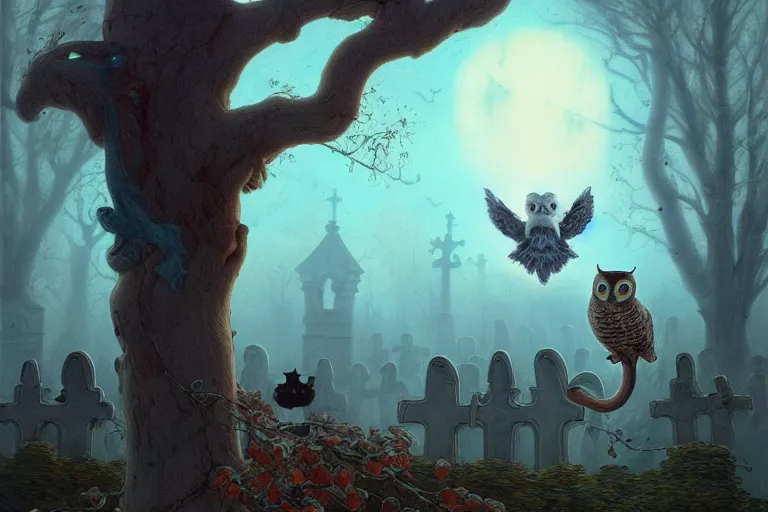 Prompt: casper the friendly ghost flying over a graveyard at midnight, chasing one cat, one interesting owl in a tree, cinestill, painted by james jean and gaston bussiere, very detailed and cute and cozy and transparent, backlight, fog, mist, trending on artstation