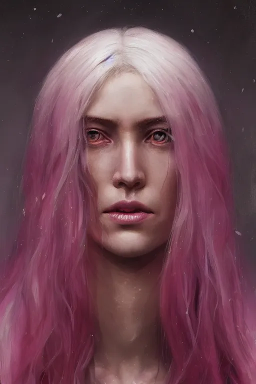 Image similar to a fancy portrait a happy and beautiful women with long white hair and deep pink eye colour by greg rutkowski, sung choi, mitchell mohrhauser, maciej kuciara, johnson ting, maxim verehin, peter konig, 8 k photorealistic, cinematic lighting, hd, high details, dramatic, atmosphereric, trending on artstation