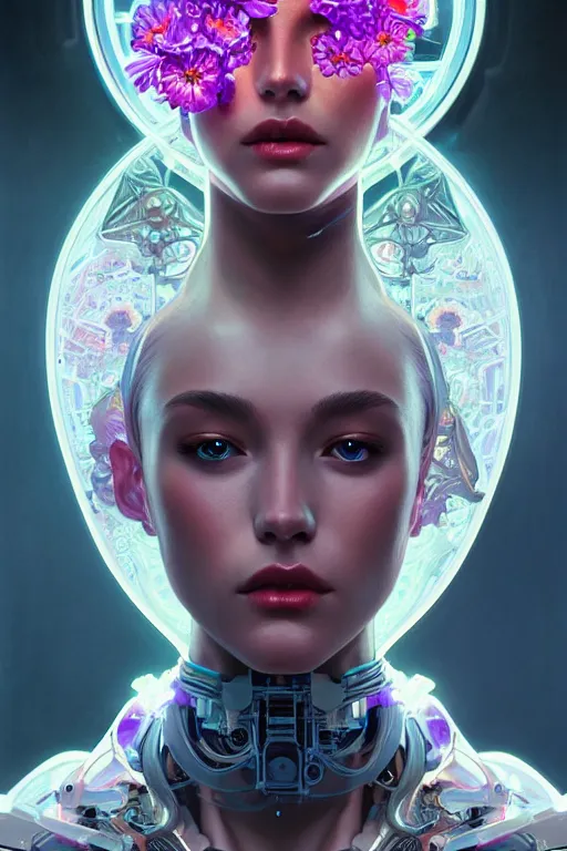 Prompt: beautiful female mechanical android!, half portrait, neon flowers, intricate detailed environment, photorealistic!, floro details, intricate, elegant, highly detailed, digital painting, artstation, concept art, smooth, sharp focus, illustration, art by artgerm and greg rutkowski and alphonse mucha