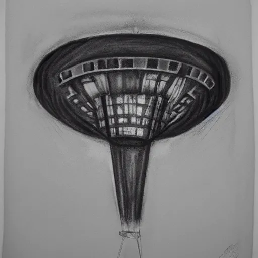 Image similar to Dimension Shift, UFO, reversal of roles, charcoal on paper