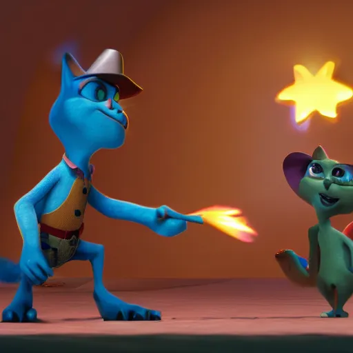 Prompt: dutch angle screenshot from pixar movie of two cowboy cats in a standoff, cinematic, dramatic lighting, colorful, lackadaisy, trending on artstation