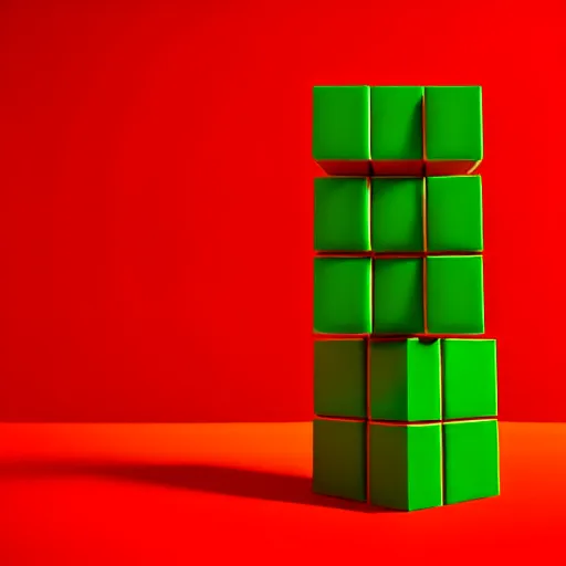 Image similar to a 3 d render of a stack of green cubes on the left and an orange ball on the right in a red room, blender, ue 5, octane render, trending on artstation