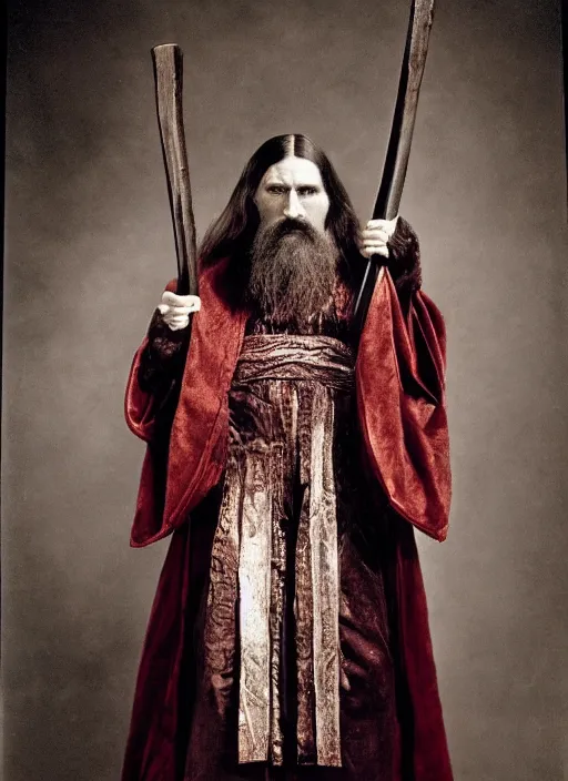 Image similar to full body portrait of RASPUTIN wearing a highly detailed deep purple and crimson robe with cloak. Cinematic dynamic lighting with backlight. Rasputin holds a machete in each hand. portrait by Annie Leibovitz