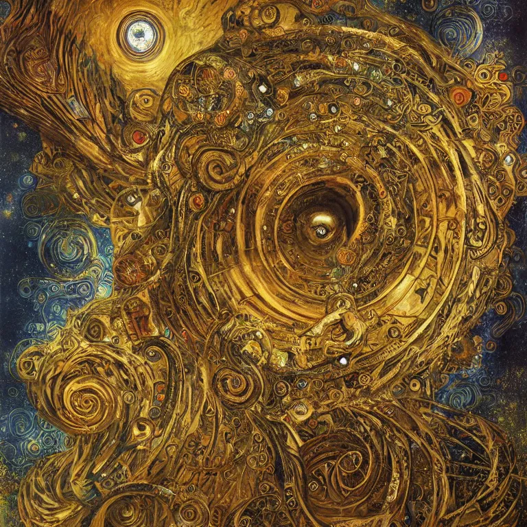 Prompt: Divine Chaos Engine by Karol Bak, Jean Deville, Gustav Klimt, and Vincent Van Gogh, celestial, visionary, sacred fractal structures, ornate gilded medieval icon, spirals