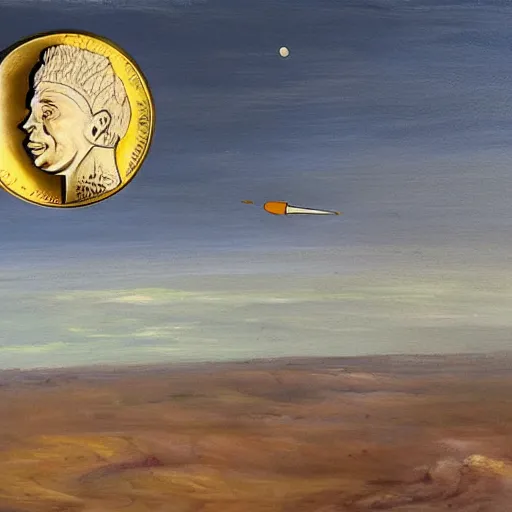 Image similar to a painting of a giant coin on top of a rocket shooting towards the moon