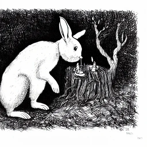 Prompt: precisely drawn, fine detailed, intense line work, drawing of a white bunny smoking a big cigarette in the deep tangled forest, by edward gorey, by gustav dore, black ink on white paper