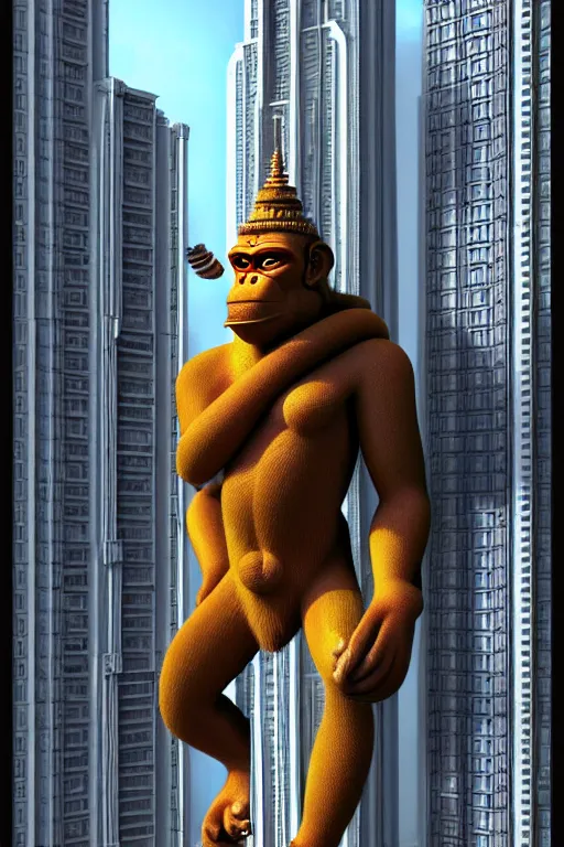 Prompt: high quality 3 d sci - fi biomorphic hanuman! buildings in mumbai!! centre, highly detailed, cinematic smooth, berenice abbott & john j. park, dramatic morning light, wide shot, high angle, uhd 8 k, sharp focus