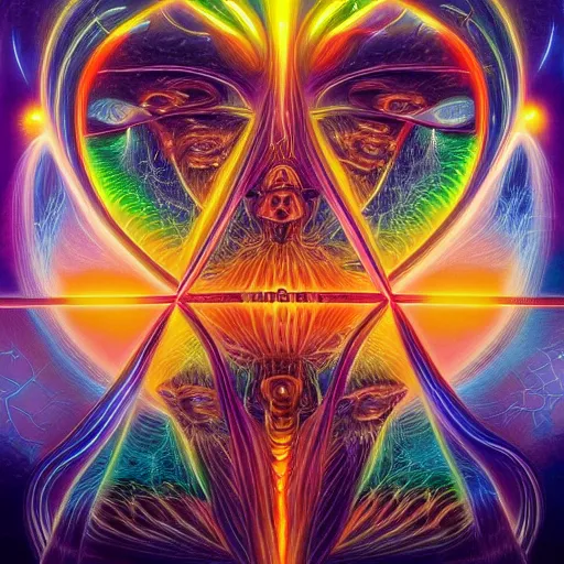 Prompt: humankind transcendence into collaborative intelligence, group intelligence, ai, by alex grey, album cover, award winning, beautiful, colorful, volumetric lighting, trending on artstation