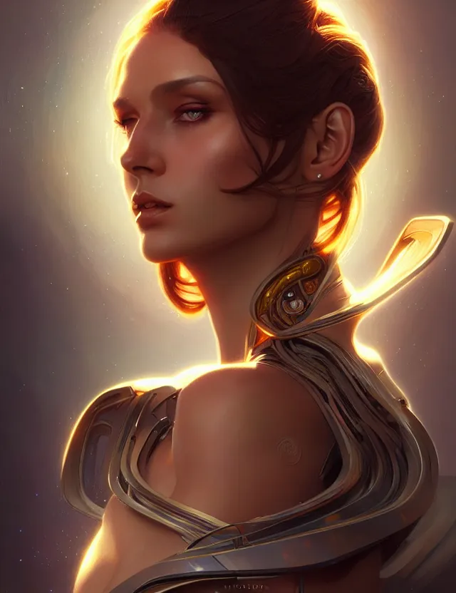 Image similar to futuristic woman portrait, sci-fi, amber eyes, face, long hair, fantasy, intricate, elegant, highly detailed, digital painting, artstation, concept art, smooth, sharp focus, illustration, art by artgerm and greg rutkowski and alphonse mucha