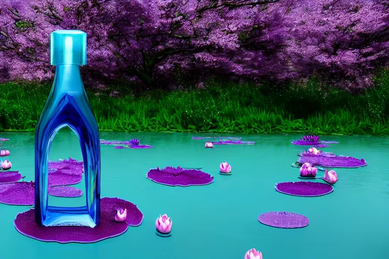 Prompt: perfume bottle standing on lillypads in a cool blue frosted pond close shot, sharp focus, global illumination, dramatic, mid day, cherry blossom background, soft lilac skies, large scale, hyperrealistic, lots of detail, realistic lighting, octane render, by wlop, artgerm, trending on artstation