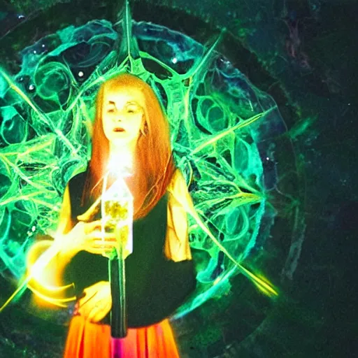 Image similar to beautiful witch holding a glowing crystal, insane colors deep acid trip, film still