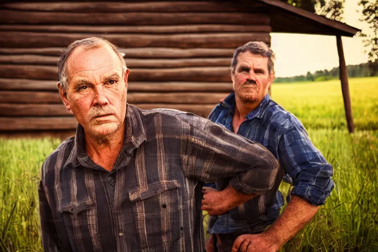 Prompt: a cinematic headshot portrait of a farmer, stood outside a wooden cabin, ultra realistic, dramatic lighting