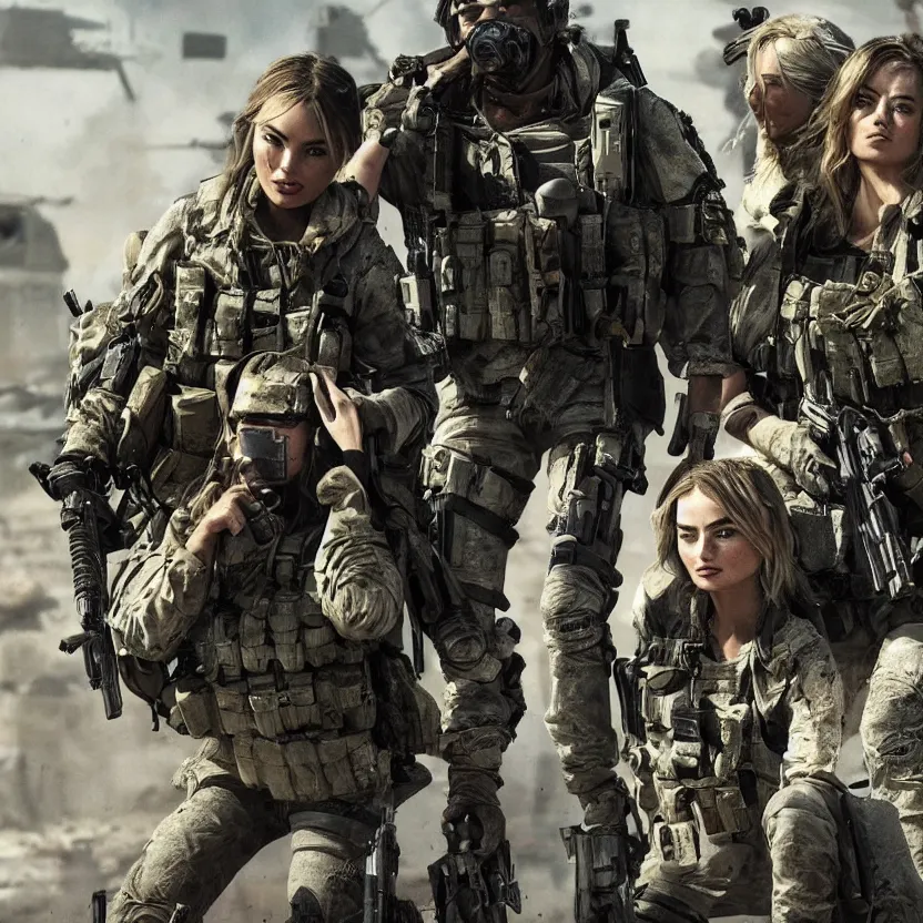 Image similar to ana de armas and margot robbie as a Call of Duty Modern warfare character highly detailed war torn environment epic pose