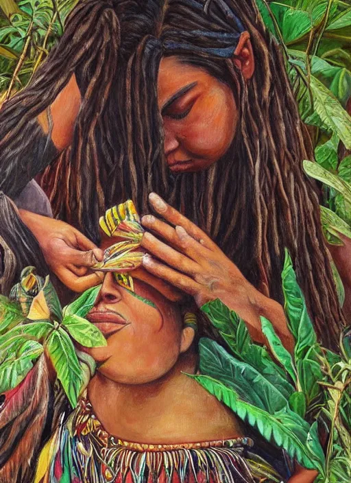 Image similar to a beautiful painting of an indigenous female doing crafting of a beautiful fabric in the jungle, realistic face and body, ayahuasca, trending on deviant art