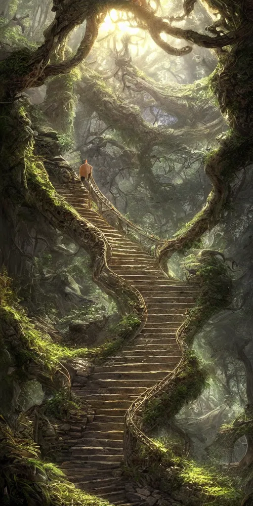 Image similar to a man walking up a steep and winding staircase, in magical woods, intricate, elegant, highly detailed, unreal engine, artstation, concept art, sharp focus, beautiful illustration, society, by justin gerard and artgerm, 8 k