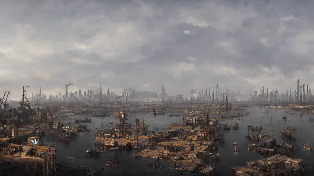 Prompt: Panorama view of huge harbor with cranes, tall buildings, warehouses, papyrus, watercolored, jakub rozalski, dark colours, dieselpunk, artstation