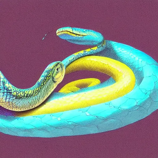 Prompt: a picture of a [ bright blue ] and yellow [ python snake ] coding, art by greg rutkowski and artgerma