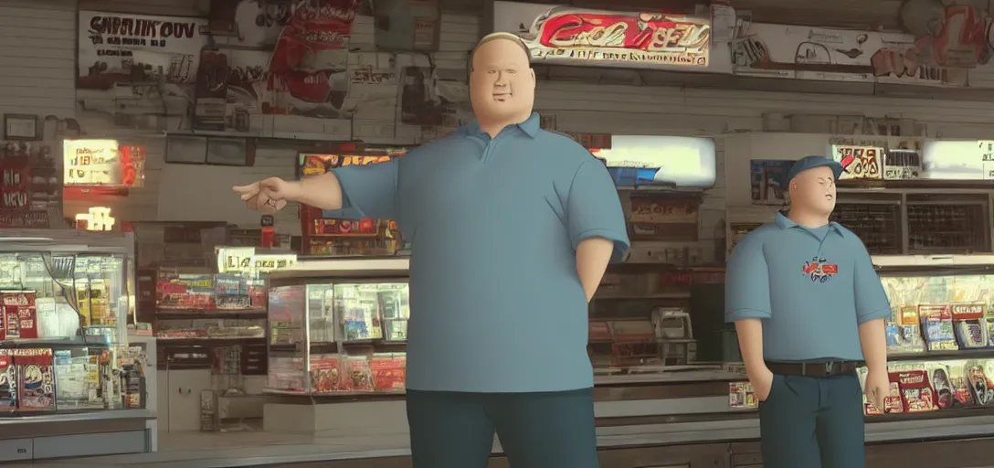 Prompt: bobby hill from king of the hill working behind the counter of a gas station, 8 k, hd, movie still