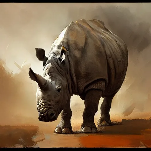 Image similar to portrait of a rhinoceros as a mighty warrior wearing silver armor, holding sword, by craig mullins, jeremy mann, jeremy mann.