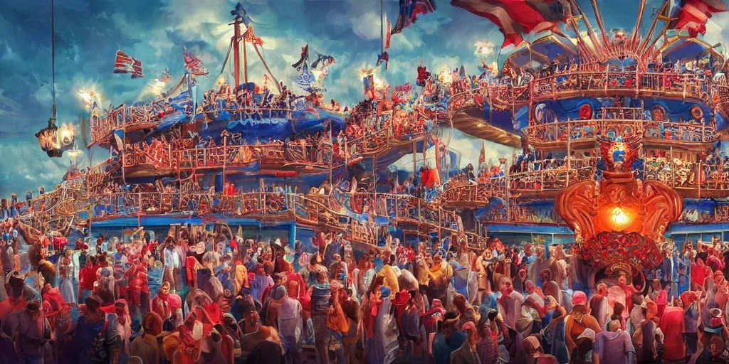 Image similar to Intricate detailed illustration, Group photo of dictators on a carnival cruise, cinematic lighting, by Philip Hood, wide angle, volumetric light scattering, 8k, artstation, concept art,