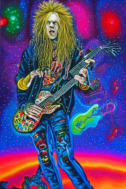 Image similar to beautiful detailed acrylic painting of a psychedelic and hardcore dave munstaine play music in the cosmos