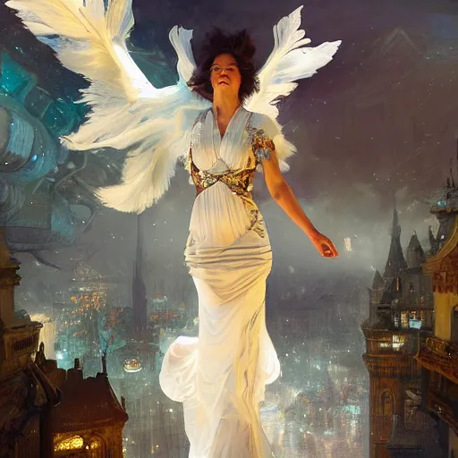 Image similar to hyperrealistic portrait of a woman flying a broom above a bladedrunner city among cats as fireflies wearing white swan dress long feathers and sapphire jewellery by jeremy mann and alphonse mucha, fantasy art, photo realistic, dynamic lighting, artstation, poster, volumetric lighting, very detailed faces, 4 k, award winning