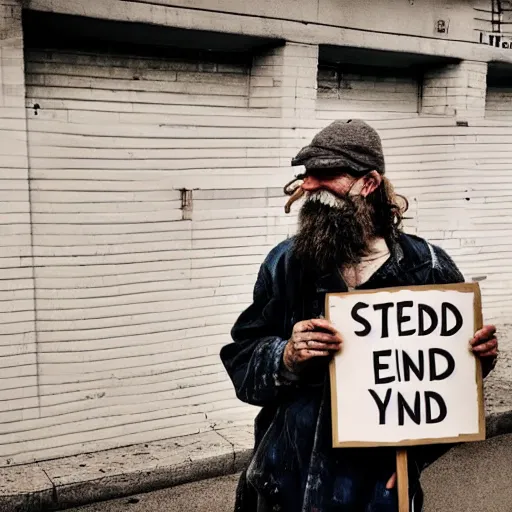 Image similar to a painting of a homeless man with a beard on the street with a sign that says 'The End is Near'