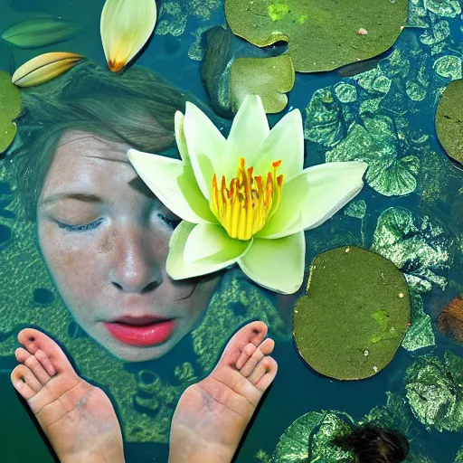 Image similar to A face submerged in shallow water surrounded by lily pads and other vegetation. The eyes are glowing and there is a hand reaching out towards you