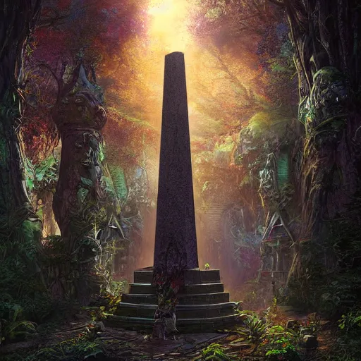 Prompt: stone obelisk, roots and plants growing on the obelisk, intricate detailed glowing engravings, ornate, ancient forest, vibrant colors, D&D, Magic The Gathering, by Craig Mullins, volumetric lighting,