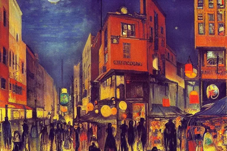 Image similar to dream festival in a city, low angle view from a city street lined with shops and apartments, glowing street signs, revelers playing games and shopping at a night market, oil painting by edvard munch, beksinski, chiaroscuro, baroque