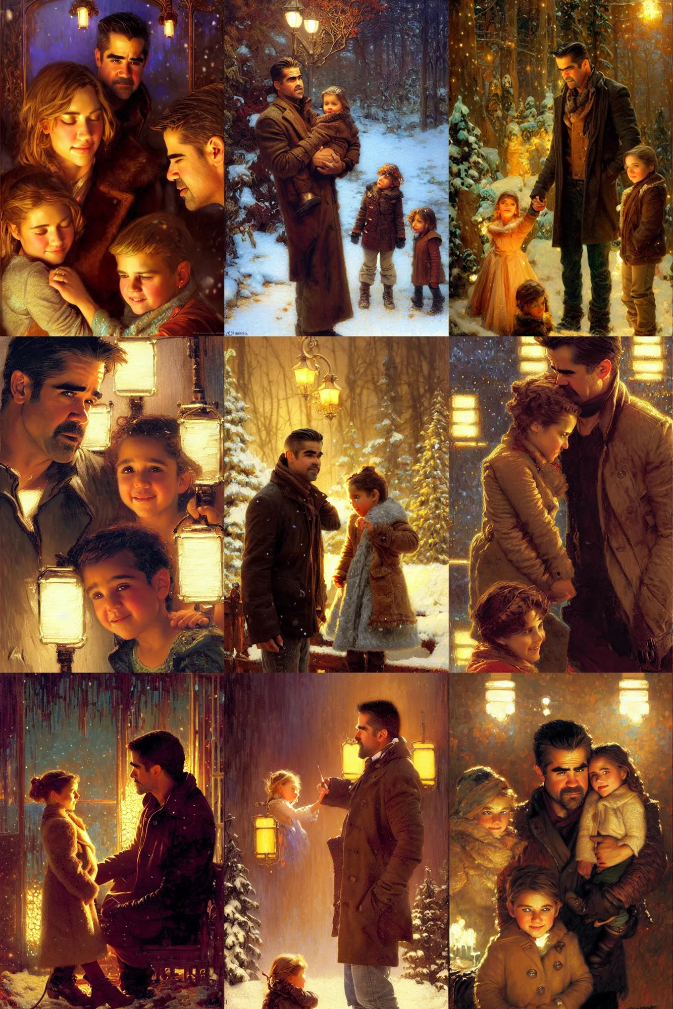 Prompt: winter, family, colin farrell with jessica alba, with a kid, neon light, detailed faces, painting by gaston bussiere, craig mullins, j. c. leyendecker