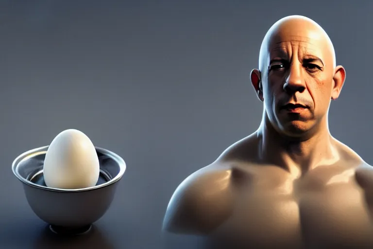 Prompt: egg cup with vin diesel head inside, silver egg cup, head is an egg, hyper detailed, digital art, artstation, cinematic lighting, studio quality, smooth render, by boris vallejo, android jones, artgerm, caravaggio