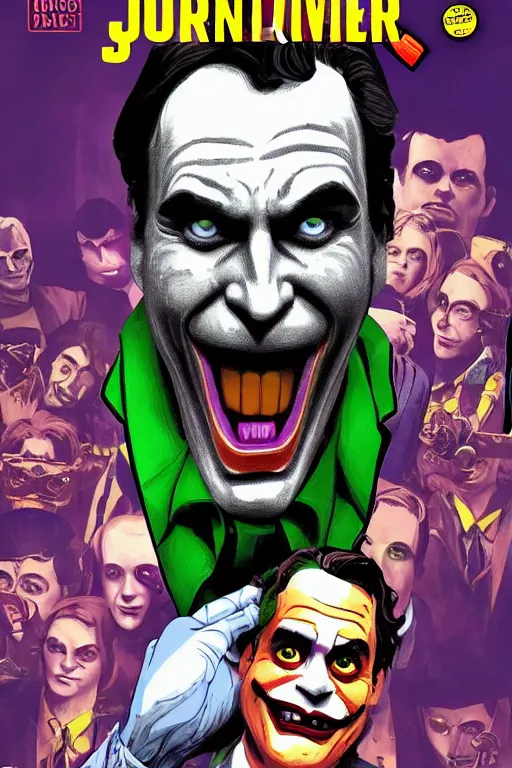 Image similar to joaquin phoenix joker comic book cover issues 2 0, delete duplicated object content!!!!, violet polsangi pop art, gta chinatown wars art style, bioshock infinite art style, incrinate, realistic anatomy, hyperrealistic, 2 color, white frame, content balance proportion