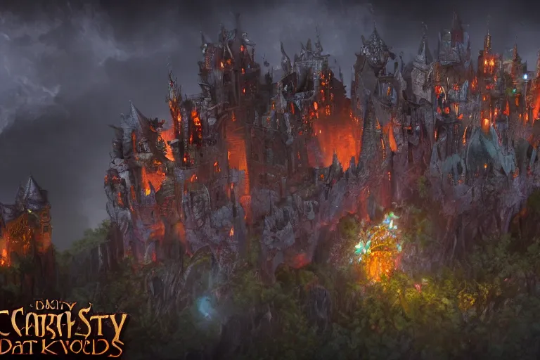 Image similar to big evil fairy castle - city rock dark shadow elves, might and magic heroes 7, dark fantasy, shadows, artstation trending, unreal engine 5, red