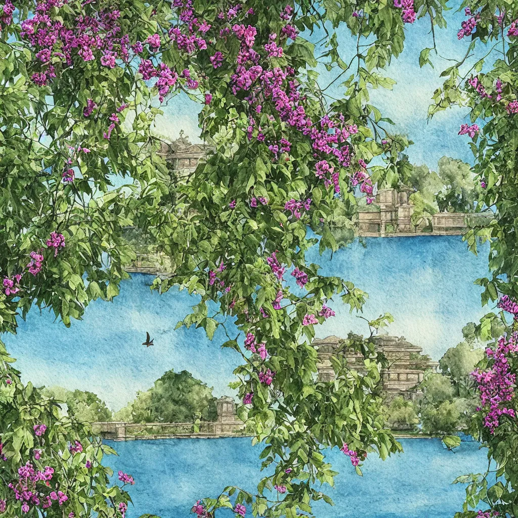 Prompt: isomeric view, delicate lake in a botanic garden, garden road, sparrows, temple in a botanical herbarium paper, watercolor colored painting, iridescent colors, 8 k, realistic shaded, fine details, artstation, italian style, colonnade, vines, grapes, flowers, architecture, roma