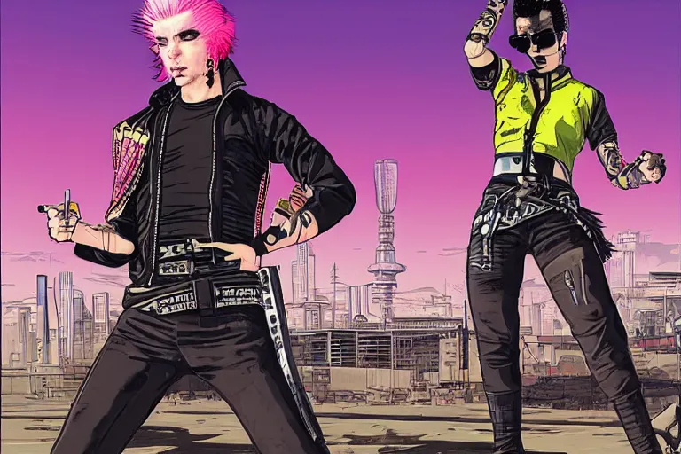 Image similar to punk leather samurai with pink hair. tokyo can be seen in the distance. art in the style of vincent di fate's cyberpunk 2 0 2 0.