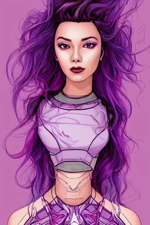 Image similar to a award winning half body porttrait of a beautiful woman in a croptop with ombre purple pink teal hairstyle with head in motion and hair flying by marvel comics and sandra chevelier, outrun, vaporware, illustration, digital art, trending on artstation, highly detailed, fine detail, intricate