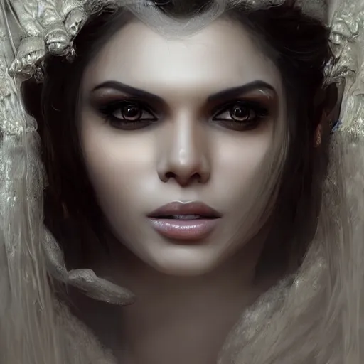 Image similar to portrait of sherlyn chopra, white horse, dreamy, fantasy, intricate, elegant, highly detailed, digital painting, artstation, concept art, matte, sharp focus, illustration, octane render, unreal engine, art by aenaluck and roberto ferri and greg rutkowski, epic fantasy, digital painting