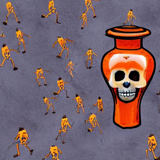 Image similar to skeletons running, painted on a jar, roman, abstract, orange theme, 8k resolution