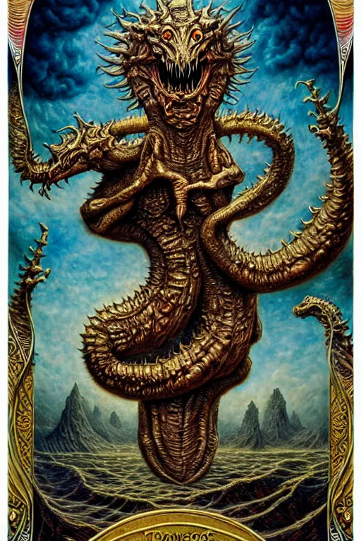 Prompt: A beautiful detailed grotesque godness monster super cute tarot card, by tomasz alen kopera and Justin Gerard, symmetrical features, ominous, magical realism, texture, intricate, ornate, royally decorated, mechanic, skeleton, whirling smoke, embers, red adornements, blue torn fabric, radiant colors, fantasy, trending on artstation, volumetric lighting, micro details, 3d sculpture, ray tracing, 8k, anaglyph effect, digital art