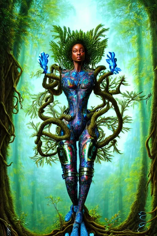 Image similar to hyperrealistic post - rococo super gorgeous! black woman with exoskeleton armor, merging with tree in a forest, highly detailed digital art masterpiece smooth cam de leon hannah yata dramatic pearlescent blue teal light ground angle hd 8 k sharp focus