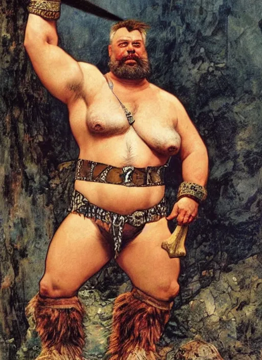 Prompt: eddie hall as hercules dressed in animal skins, by jlawrence alma tadema and rick berry and norman rockwell and greg staples